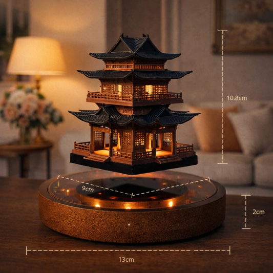 Magnetic Levitating Mini Pagoda Statue – Floating Ancient Architecture Tower with LED or Wooden Base, Zen Home Decor