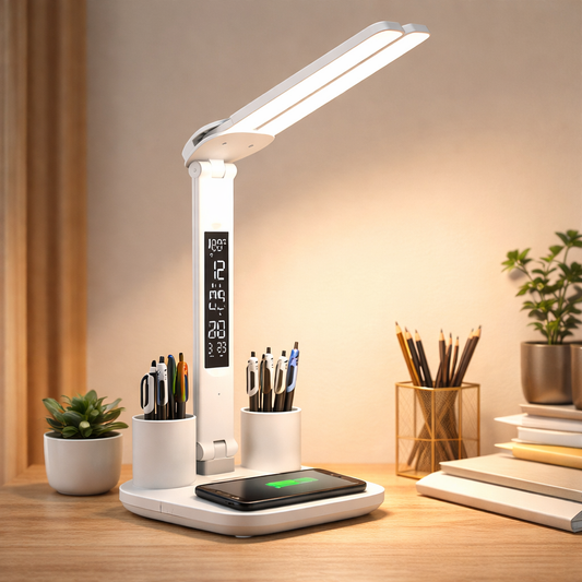Rechargeable Double-Head LED Desk Lamp with Clock, Calendar & Dimmable Light