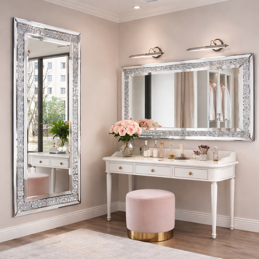 LUVODI Silver Crystal Vanity Wall Mirror with Diamond Rhinestone Frame