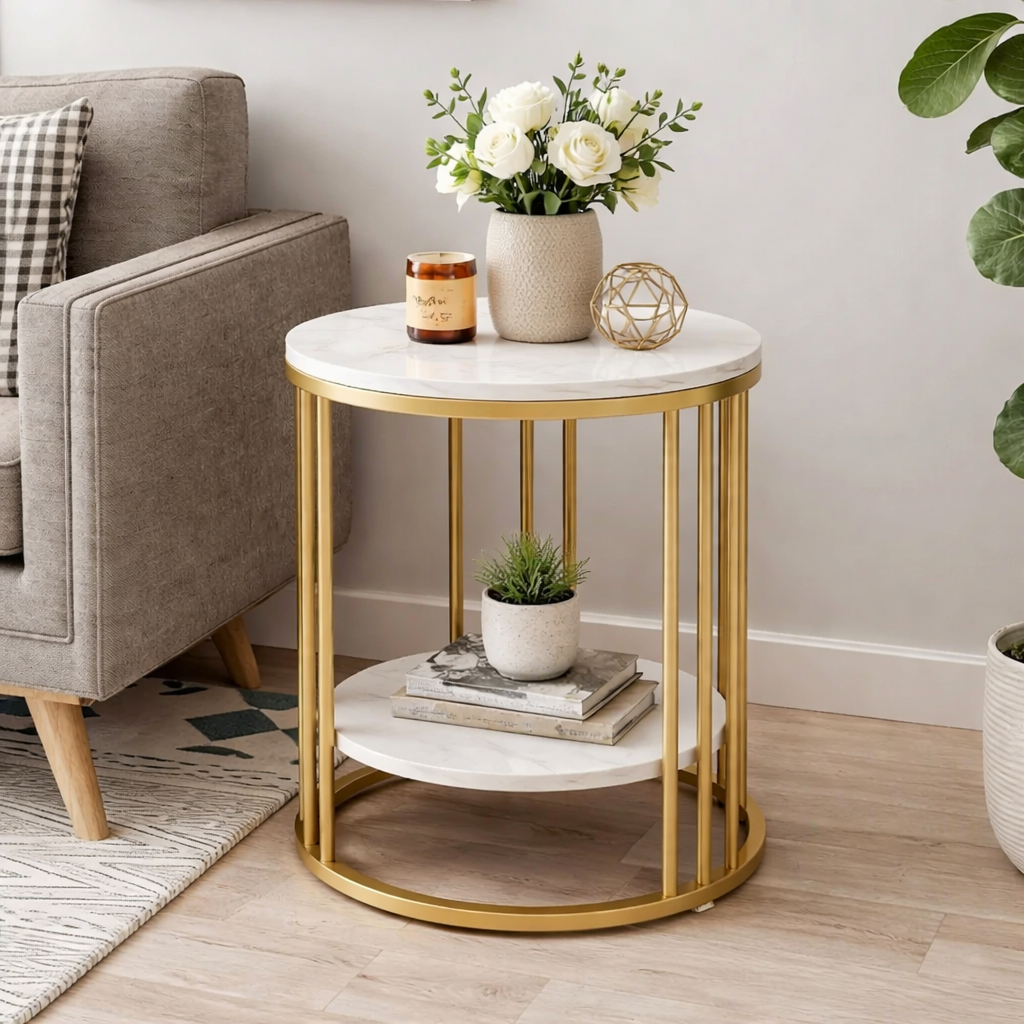 2-Tier White Marble Side Table