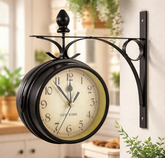 Retro Double-Sided Wall Clock – Vintage European Metal Station Clock