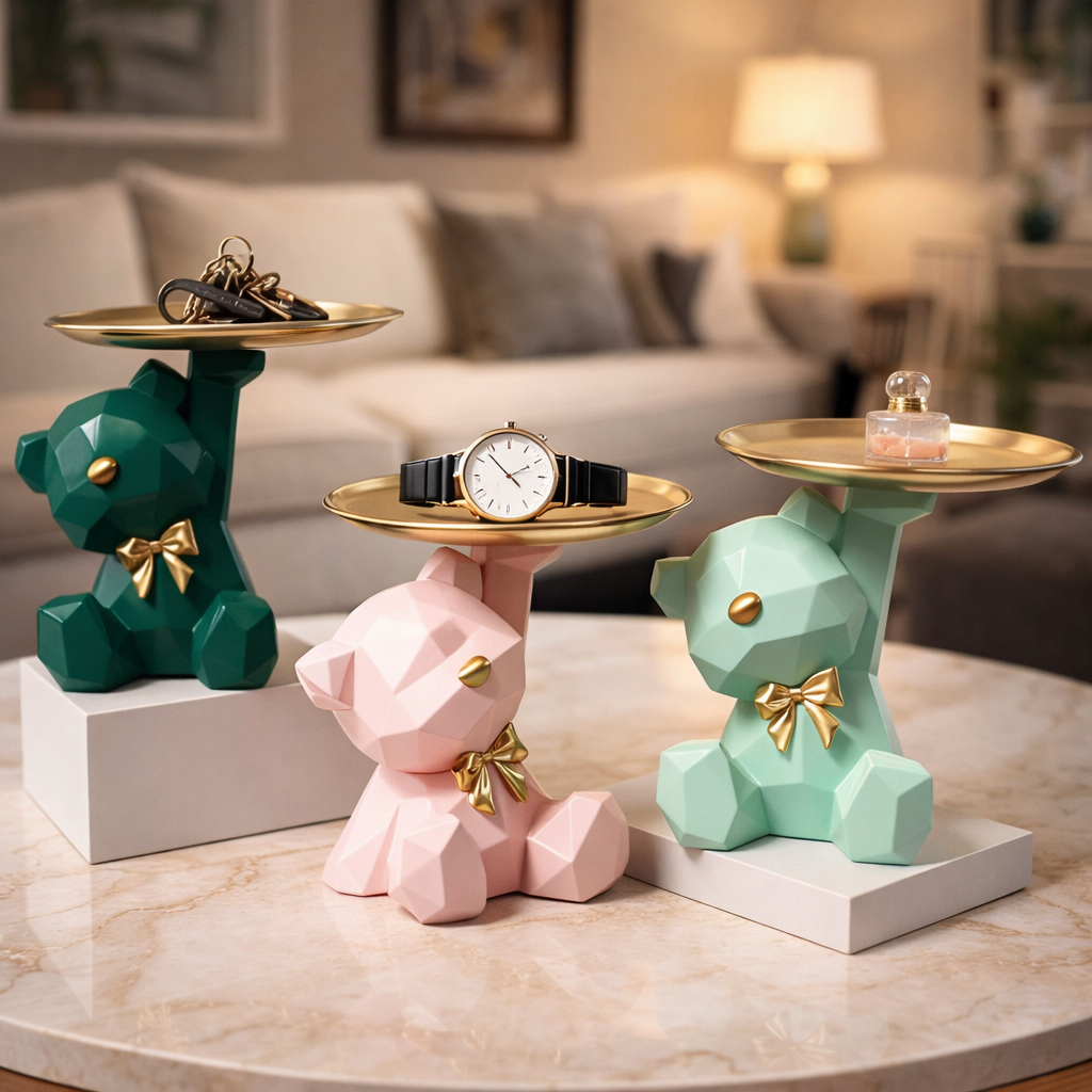 Kawaii Geometric Bear Tray with Butterfly – Decorative Storage Tray & Desktop Organizer for Home