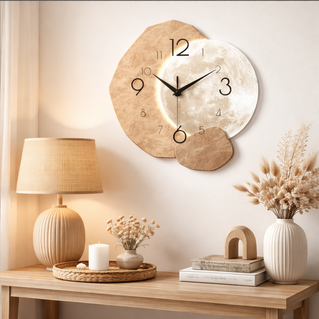 Modern Simple Silent Wall Clock, Moon Design - Quartz Movement, Wooden Material, for Bedroom, Living Room or Office Decoration