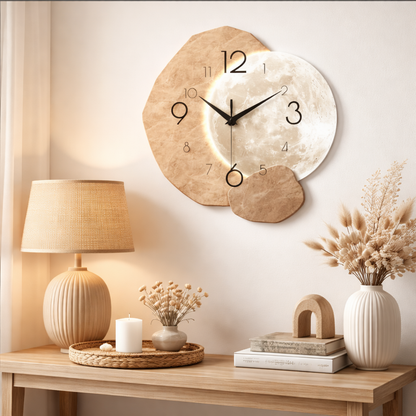 Modern Simple Silent Wall Clock, Moon Design - Quartz Movement, Wooden Material, for Bedroom, Living Room or Office Decoration