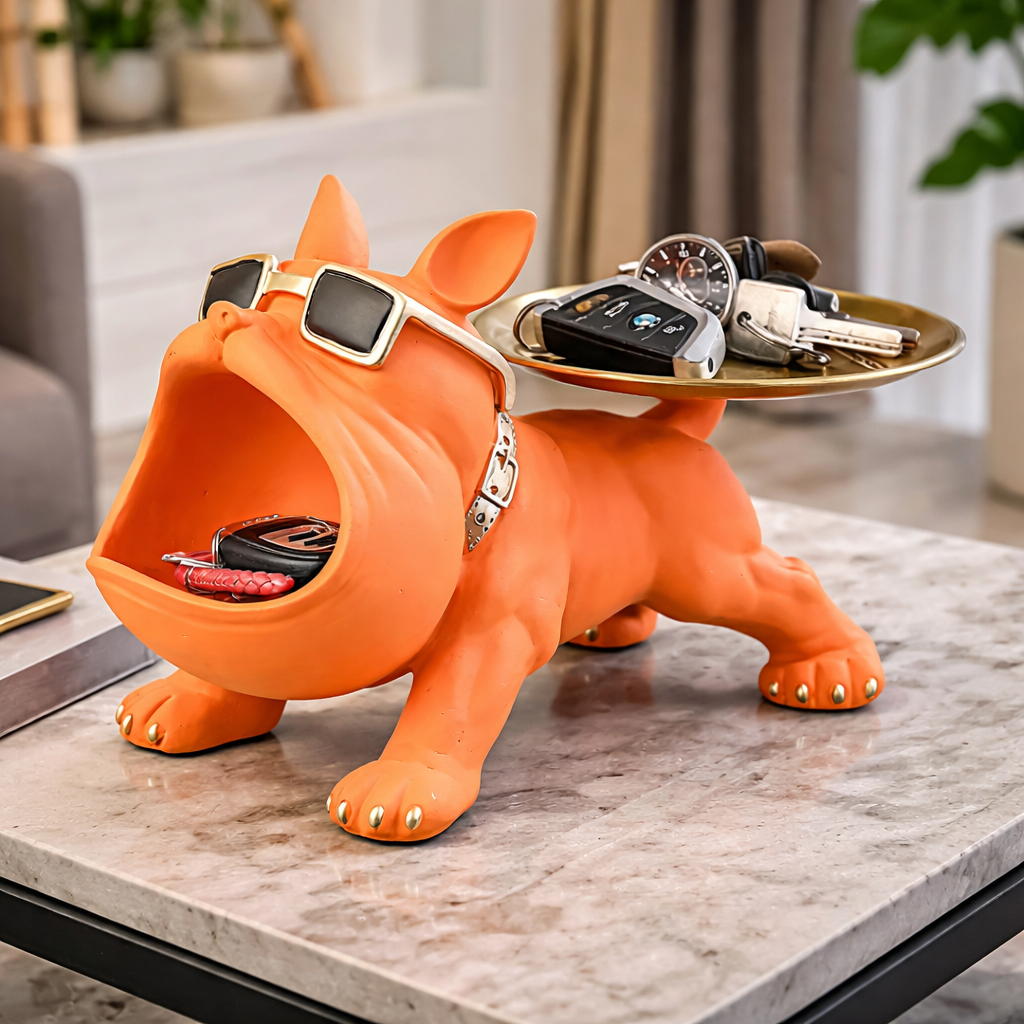 Luxury Bulldog Resin Statue with Storage Tray – Decorative Dog Sculpture & Organizer for Home Decor
