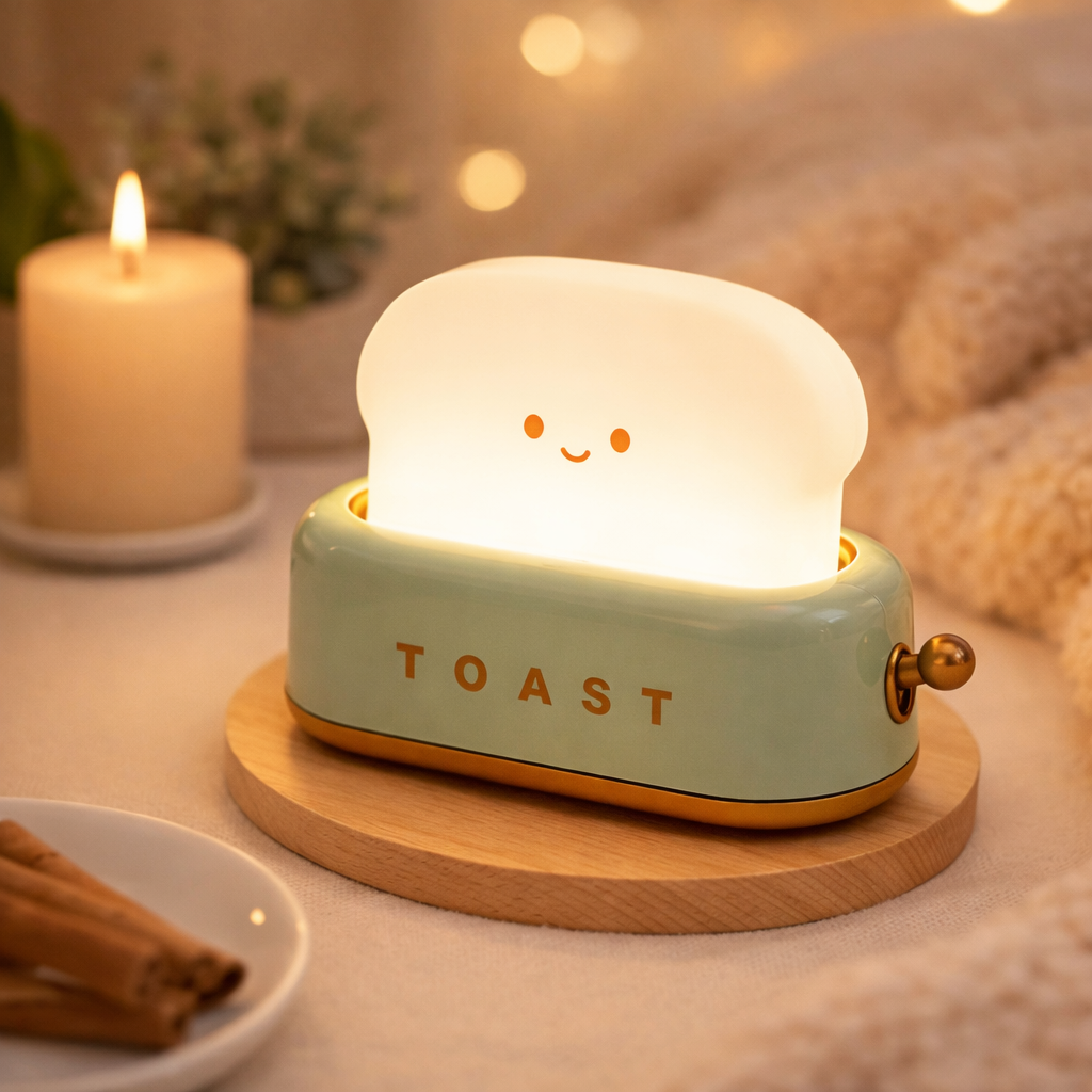 Cute Toaster Night Light – Rechargeable Toast Shape LED Bedside Lamp with Smile Face & Dimmable Warm Light