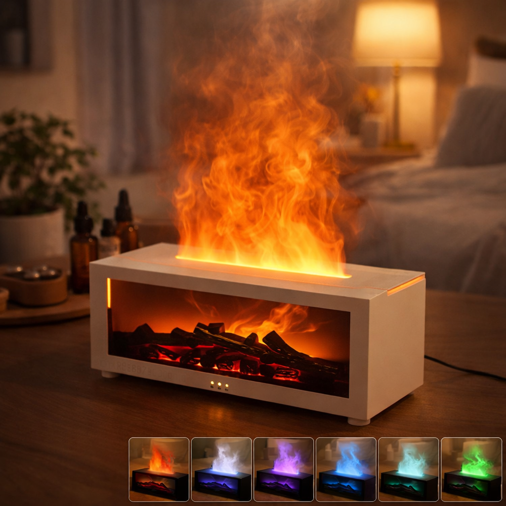 Flame Aroma Humidifier – LED Flame Effect Essential Oil Diffuser with Remote Control & Ultrasonic Mist