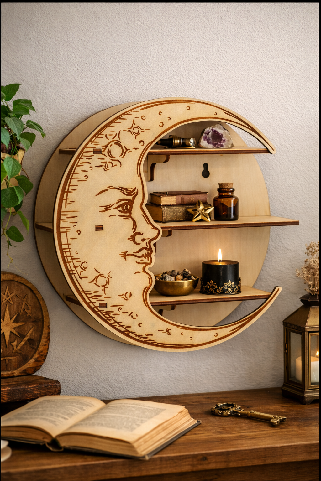 Wooden Moon Face Floating Shelf