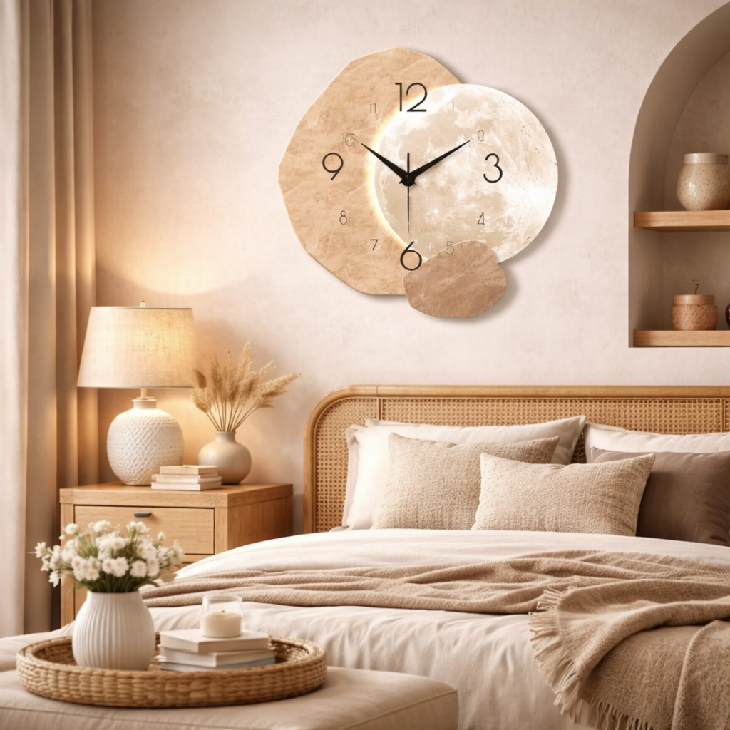 Modern Simple Silent Wall Clock, Moon Design - Quartz Movement, Wooden Material, for Bedroom, Living Room or Office Decoration