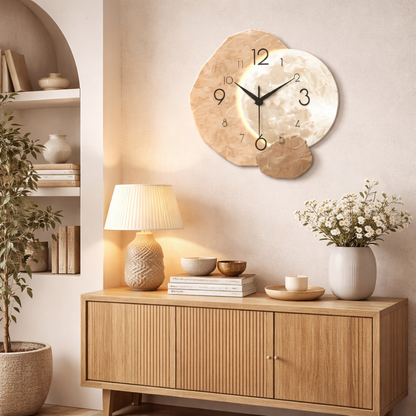 Modern Simple Silent Wall Clock, Moon Design - Quartz Movement, Wooden Material, for Bedroom, Living Room or Office Decoration