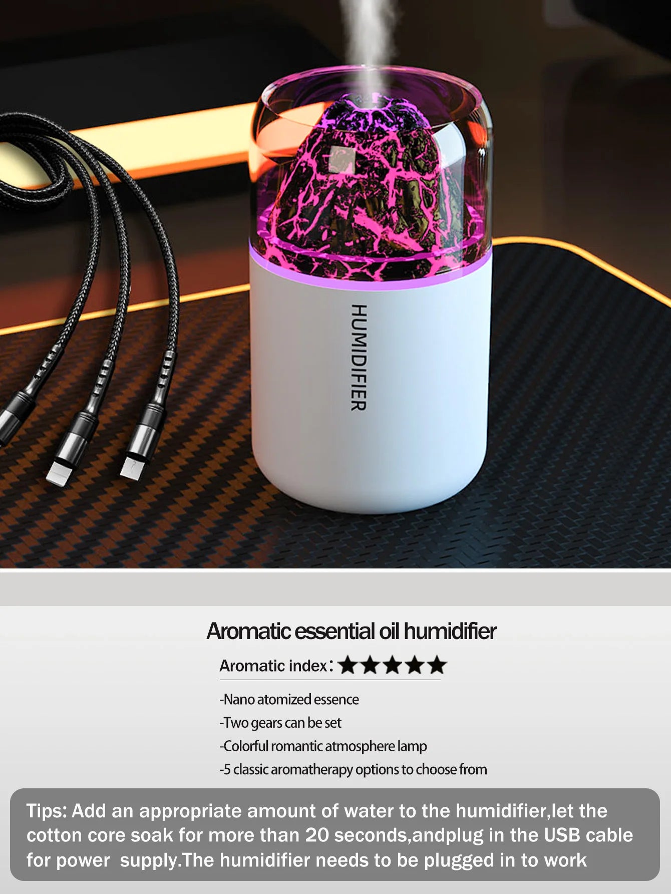 Volcanic Flame Aroma Humidifier – USB Ultrasonic Diffuser with Volcano Effect, Mist & Ambient Light for Car, Home & Bedroom