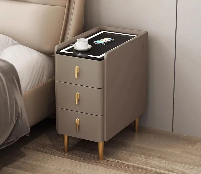 Nordic Smart Solid Wood Bedside Table with Wireless Charging, LED Light & 3 Drawers – Modern Faux Leather Nightstand