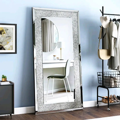 LUVODI Silver Crystal Vanity Wall Mirror with Diamond Rhinestone Frame