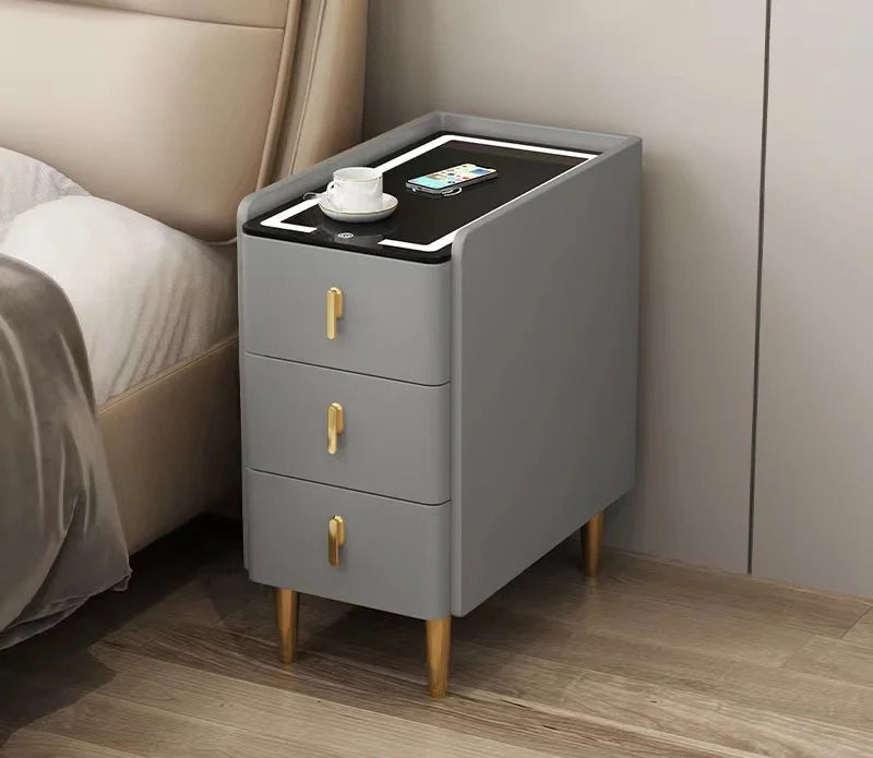 Nordic Smart Solid Wood Bedside Table with Wireless Charging, LED Light & 3 Drawers – Modern Faux Leather Nightstand