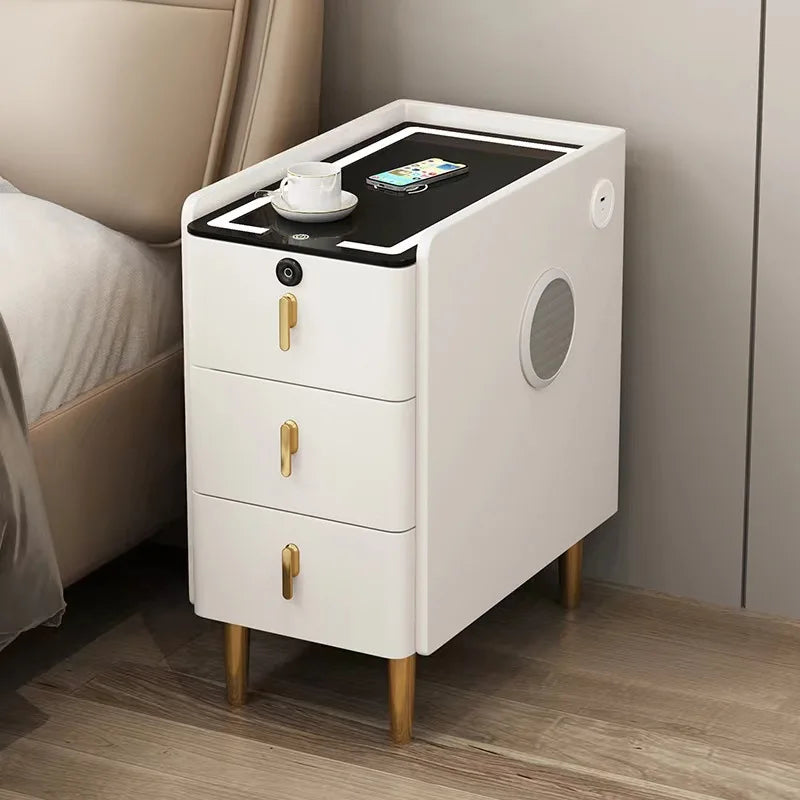 Nordic Smart Solid Wood Bedside Table with Wireless Charging, LED Light & 3 Drawers – Modern Faux Leather Nightstand