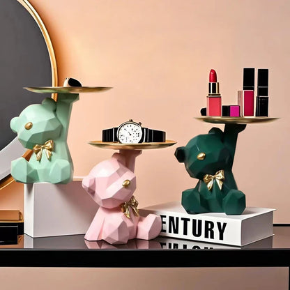 Kawaii Geometric Bear Tray with Butterfly – Decorative Storage Tray & Desktop Organizer for Home