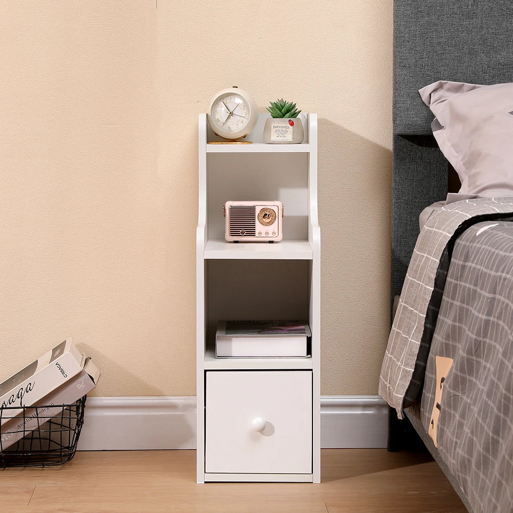 Slim White Narrow Bedside Table with Drawer & Open Shelf