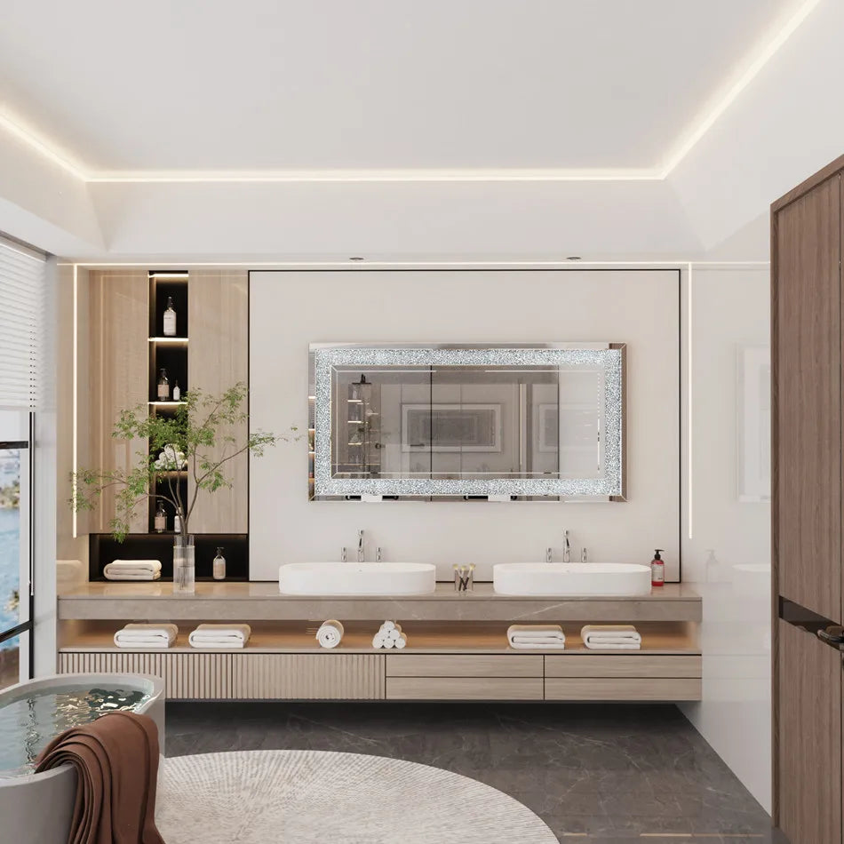 LUVODI Silver Crystal Vanity Wall Mirror with Diamond Rhinestone Frame