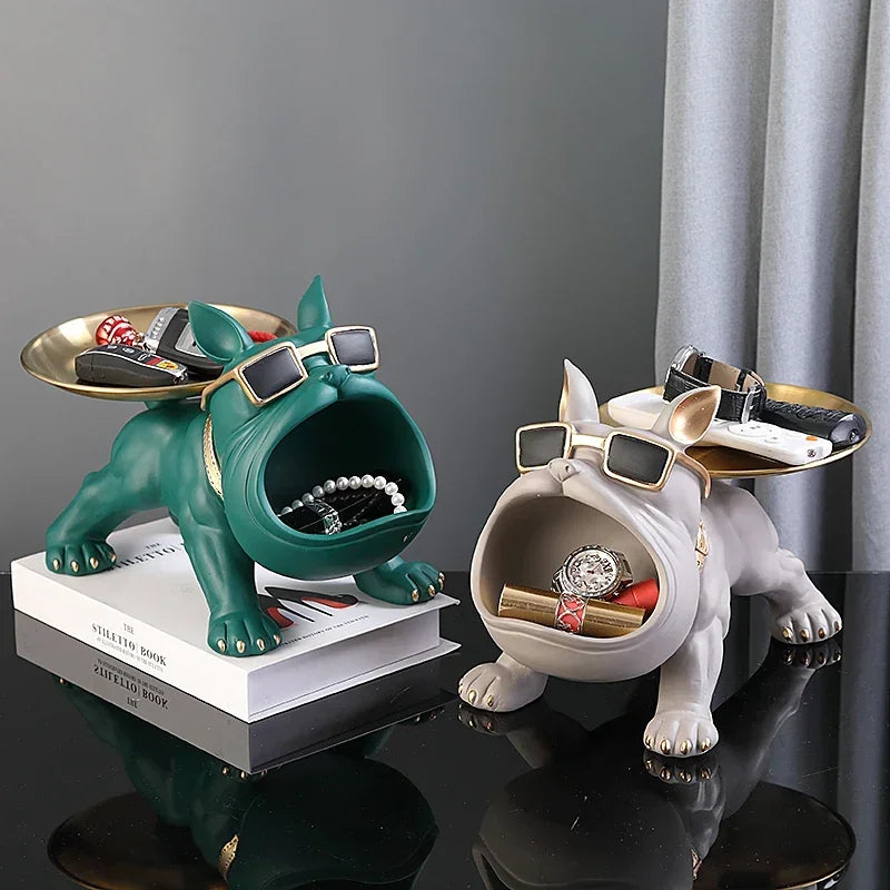 Luxury Bulldog Resin Statue with Storage Tray – Decorative Dog Sculpture & Organizer for Home Decor