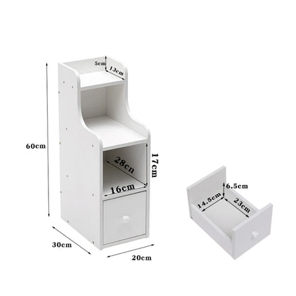 Slim White Narrow Bedside Table with Drawer & Open Shelf