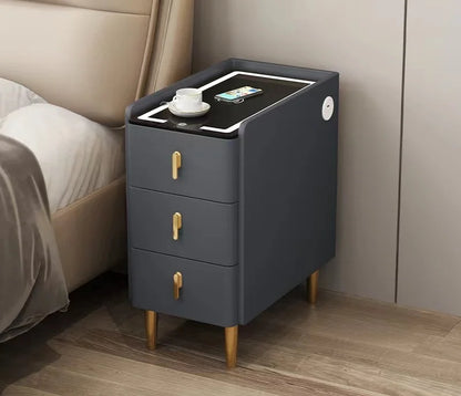 Nordic Smart Solid Wood Bedside Table with Wireless Charging, LED Light & 3 Drawers – Modern Faux Leather Nightstand