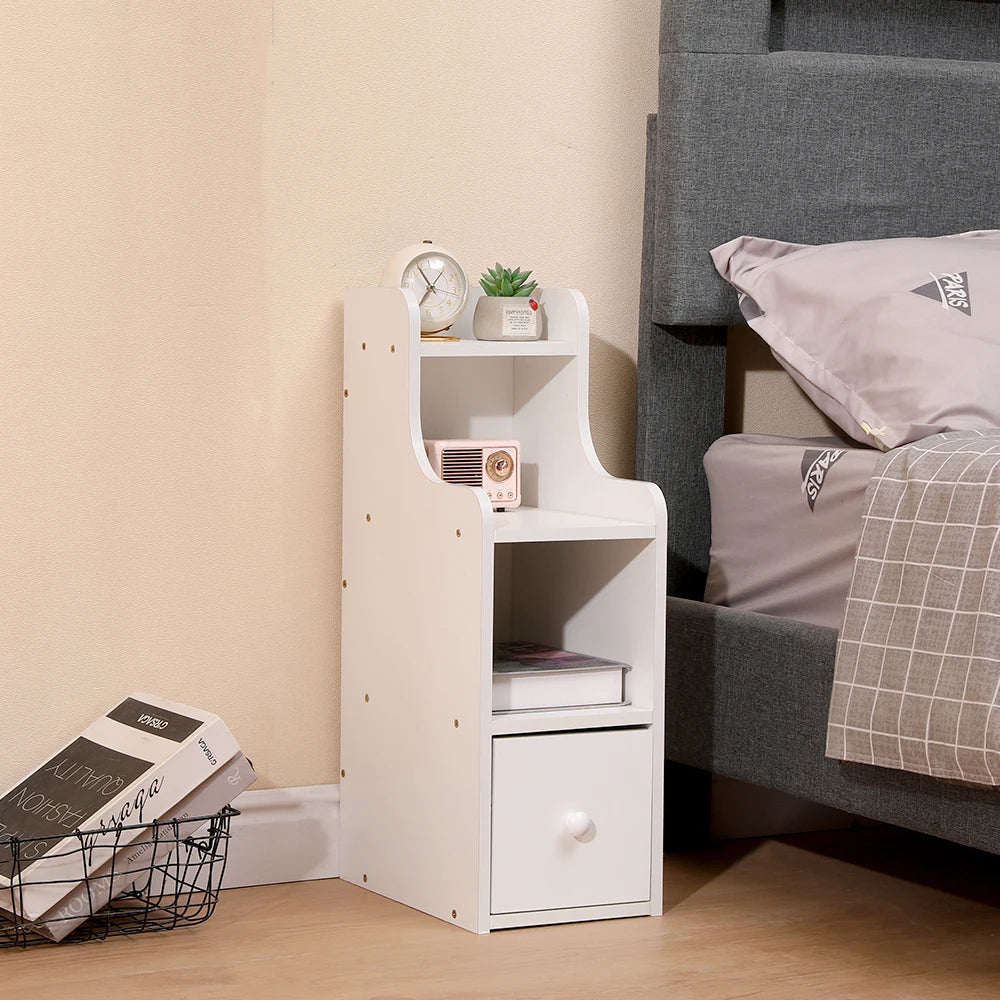Slim White Narrow Bedside Table with Drawer & Open Shelf