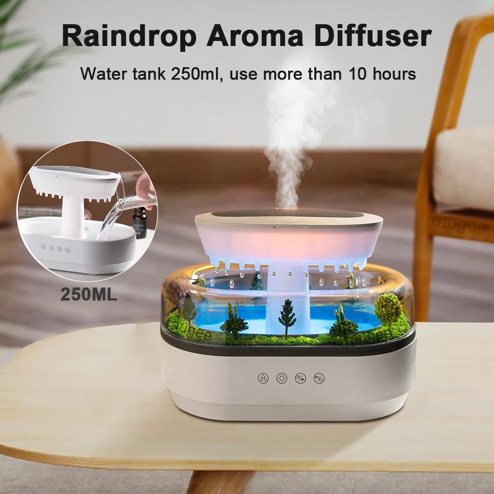 Raindrop Aroma Humidifier – Ultrasonic Air Humidifier with Colorful Light, White Noise & Essential Oil Diffuser