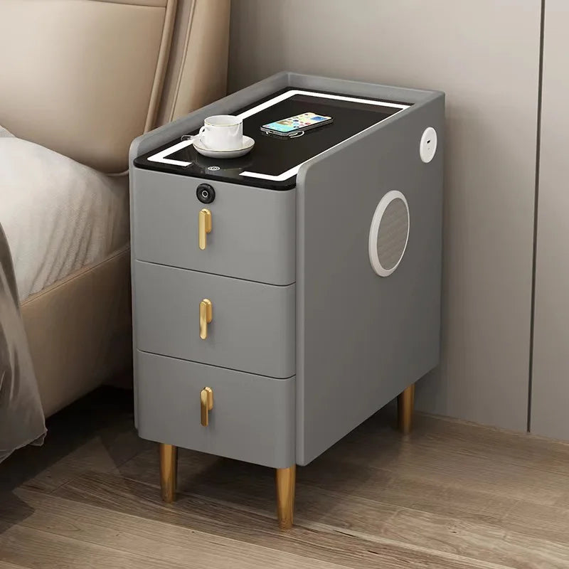 Nordic Smart Solid Wood Bedside Table with Wireless Charging, LED Light & 3 Drawers – Modern Faux Leather Nightstand