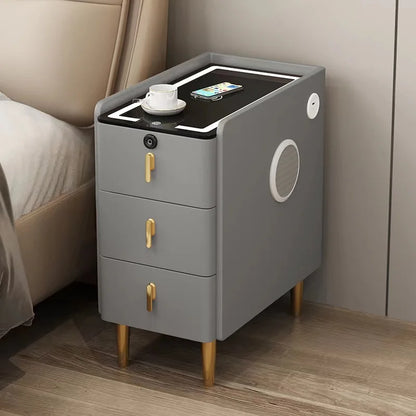 Nordic Smart Solid Wood Bedside Table with Wireless Charging, LED Light & 3 Drawers – Modern Faux Leather Nightstand