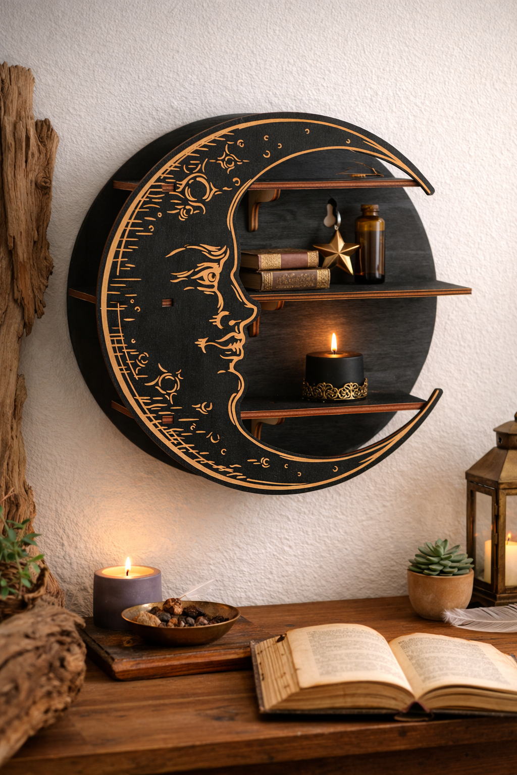 Wooden Moon Face Floating Shelf