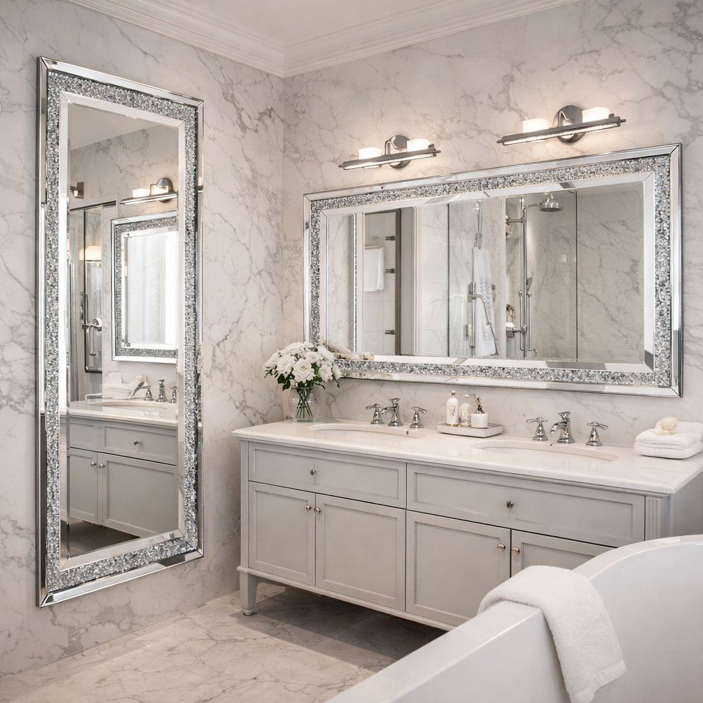 LUVODI Silver Crystal Vanity Wall Mirror with Diamond Rhinestone Frame