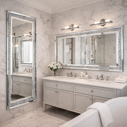 LUVODI Silver Crystal Vanity Wall Mirror with Diamond Rhinestone Frame