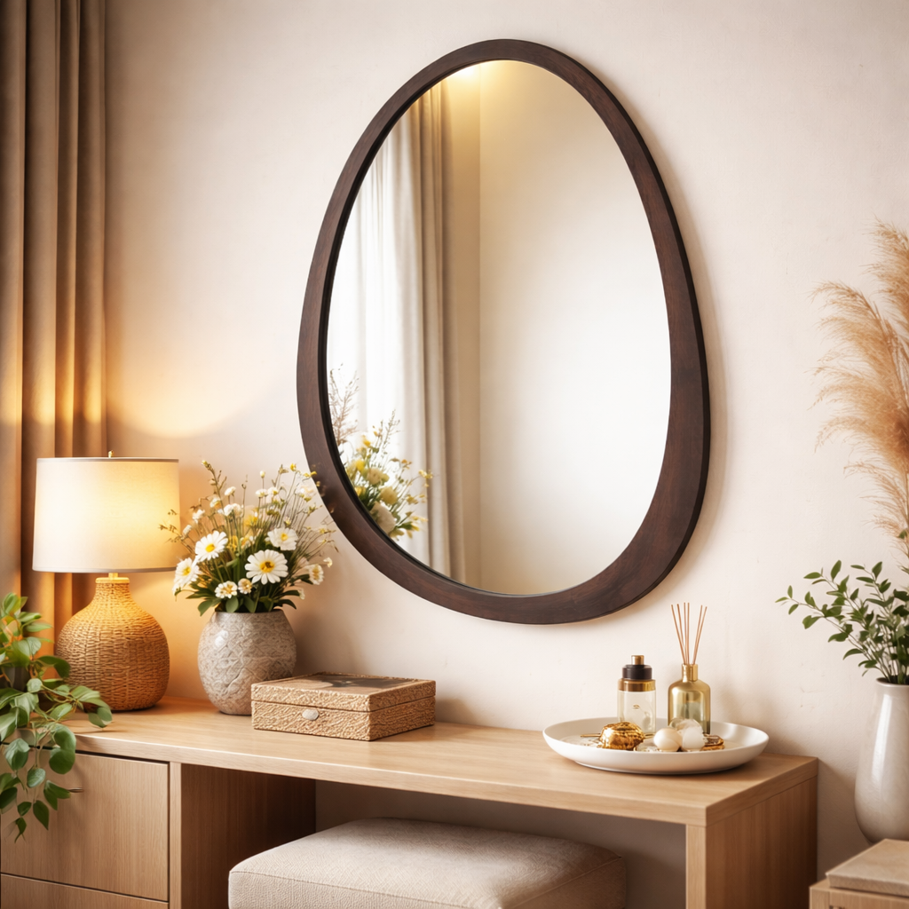 Irregular Wall Mirror with Black Walnut Wood Frame
