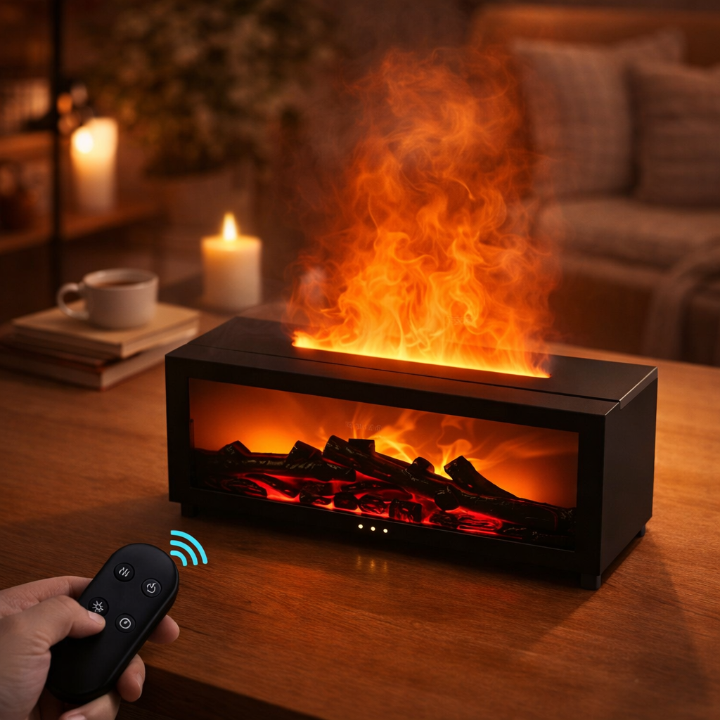 Flame Aroma Humidifier – LED Flame Effect Essential Oil Diffuser with Remote Control & Ultrasonic Mist