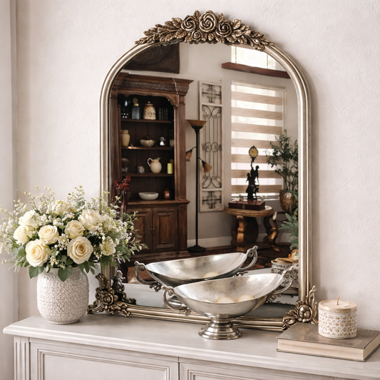 Antique Baroque Wall Mirror with Arched Brass Frame