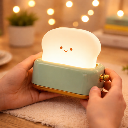 Cute Toaster Night Light – Rechargeable Toast Shape LED Bedside Lamp with Smile Face & Dimmable Warm Light