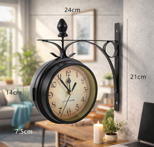 Retro Double-Sided Wall Clock – Vintage European Metal Station Clock